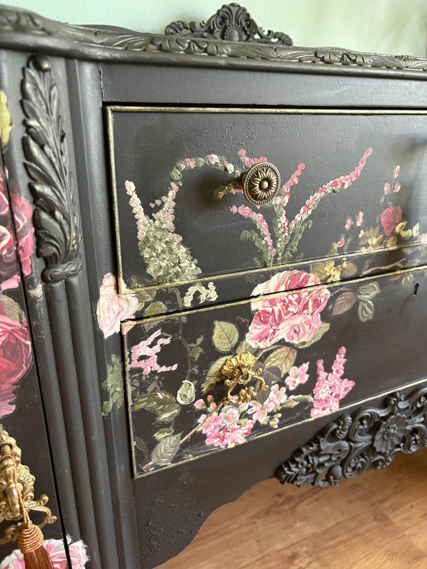 Vintage Refurbished Black Floral Rose Upcycled Sidboard lockable storage furniture