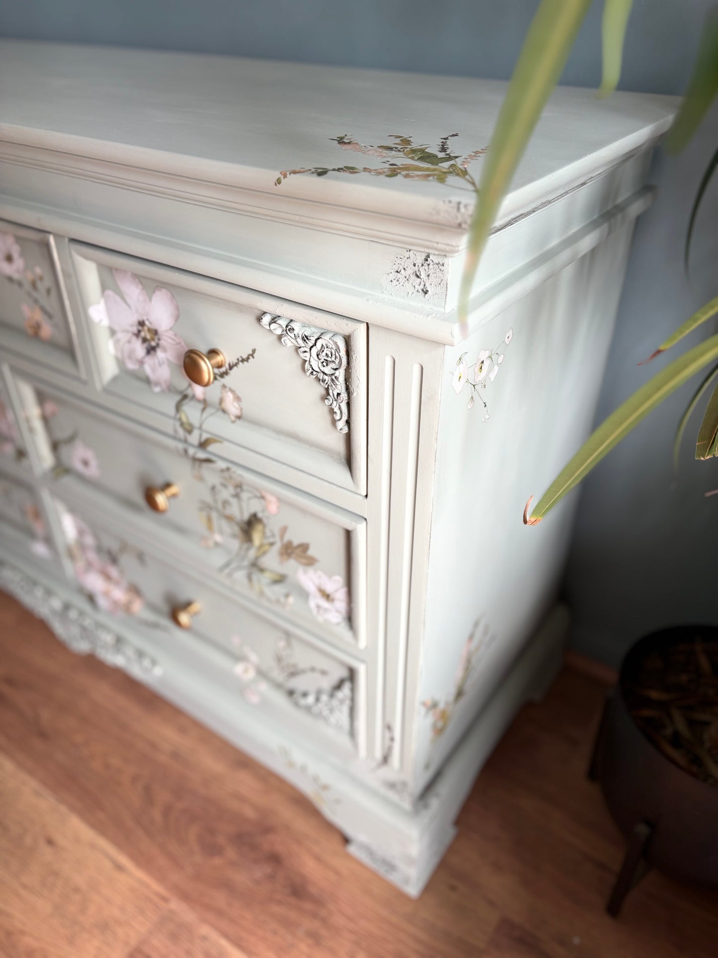 Chest of Drawers 7 large Sage Pale Green Floral Upcycled refurbished