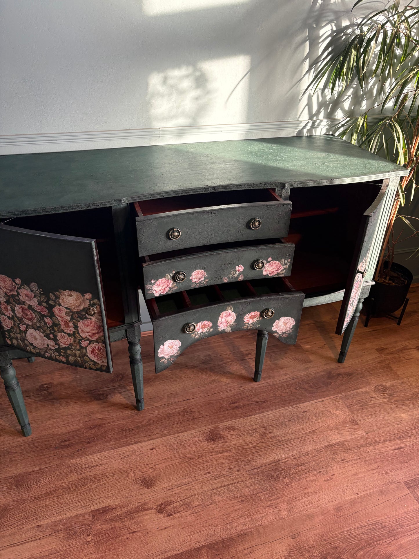 Dark Green Chalk Handpainted Floral Vintage Antique Sideboard upcycled refurbished - delivery included