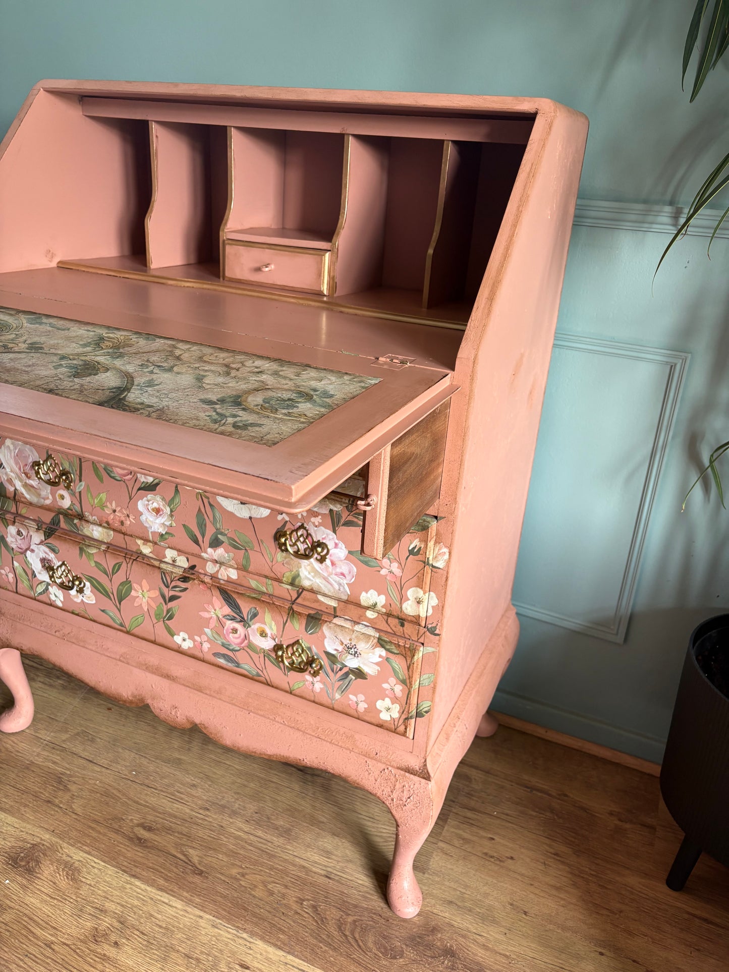 Peach Clay Floral Upcycled Green Bureau Desk Dressing Table