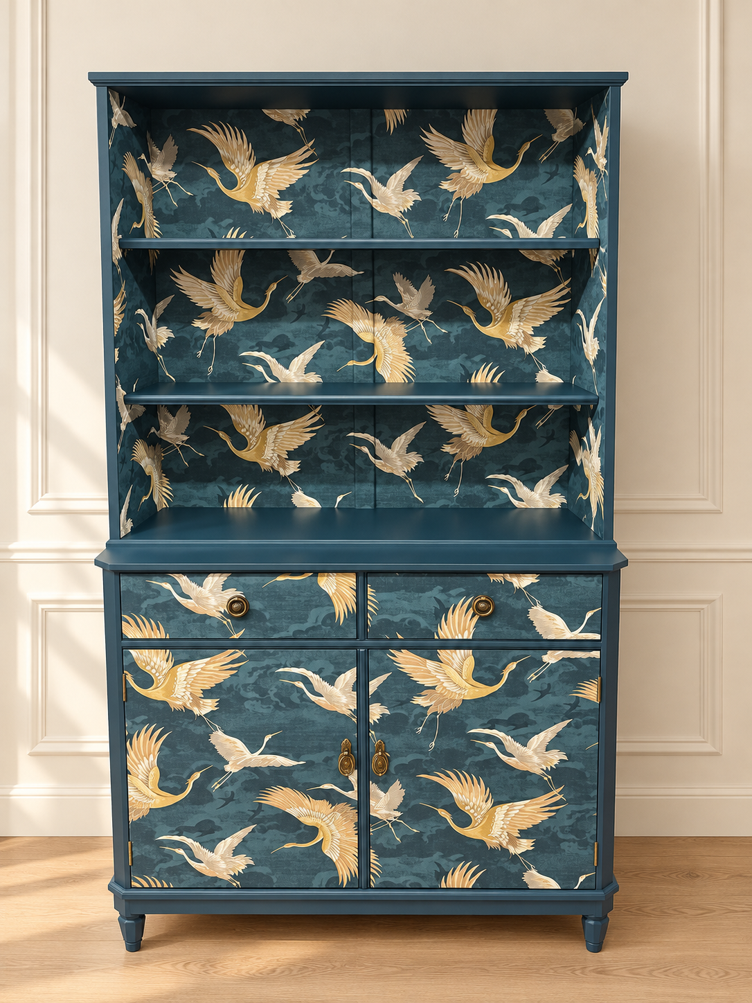Navy Bird Crane Gold Upcycled Cabinet Bookcase