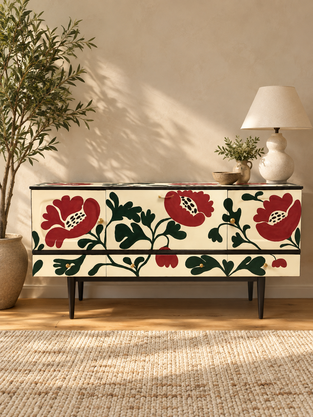 Upcycled floral green burgundy hand painted unique sideboard drinks cabinet