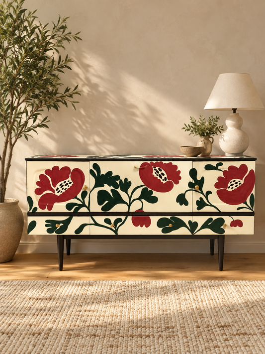 Upcycled floral green burgundy hand painted unique sideboard drinks cabinet