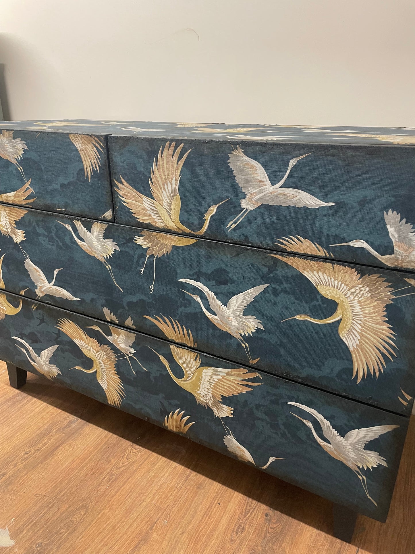 Navy Textured Crane Bird Gold Chest of Drawers