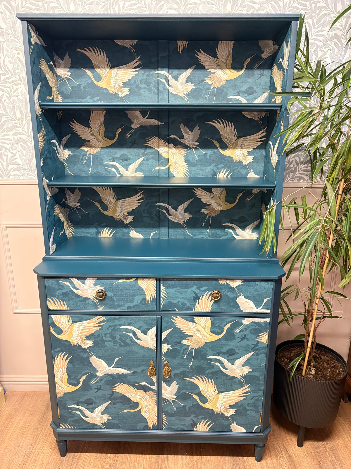 Navy Bird Crane Gold Upcycled Cabinet Bookcase
