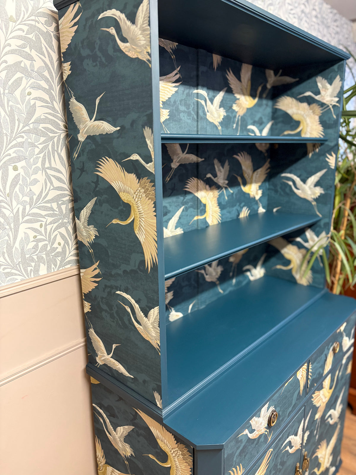 Navy Bird Crane Gold Upcycled Cabinet Bookcase