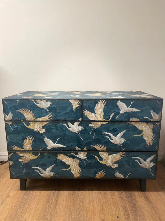 Navy Textured Crane Bird Gold Chest of Drawers