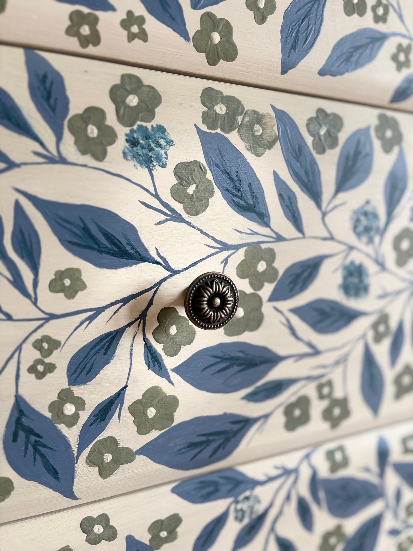 Handpainted floral leaf cream green blue upcycled chest of drawers