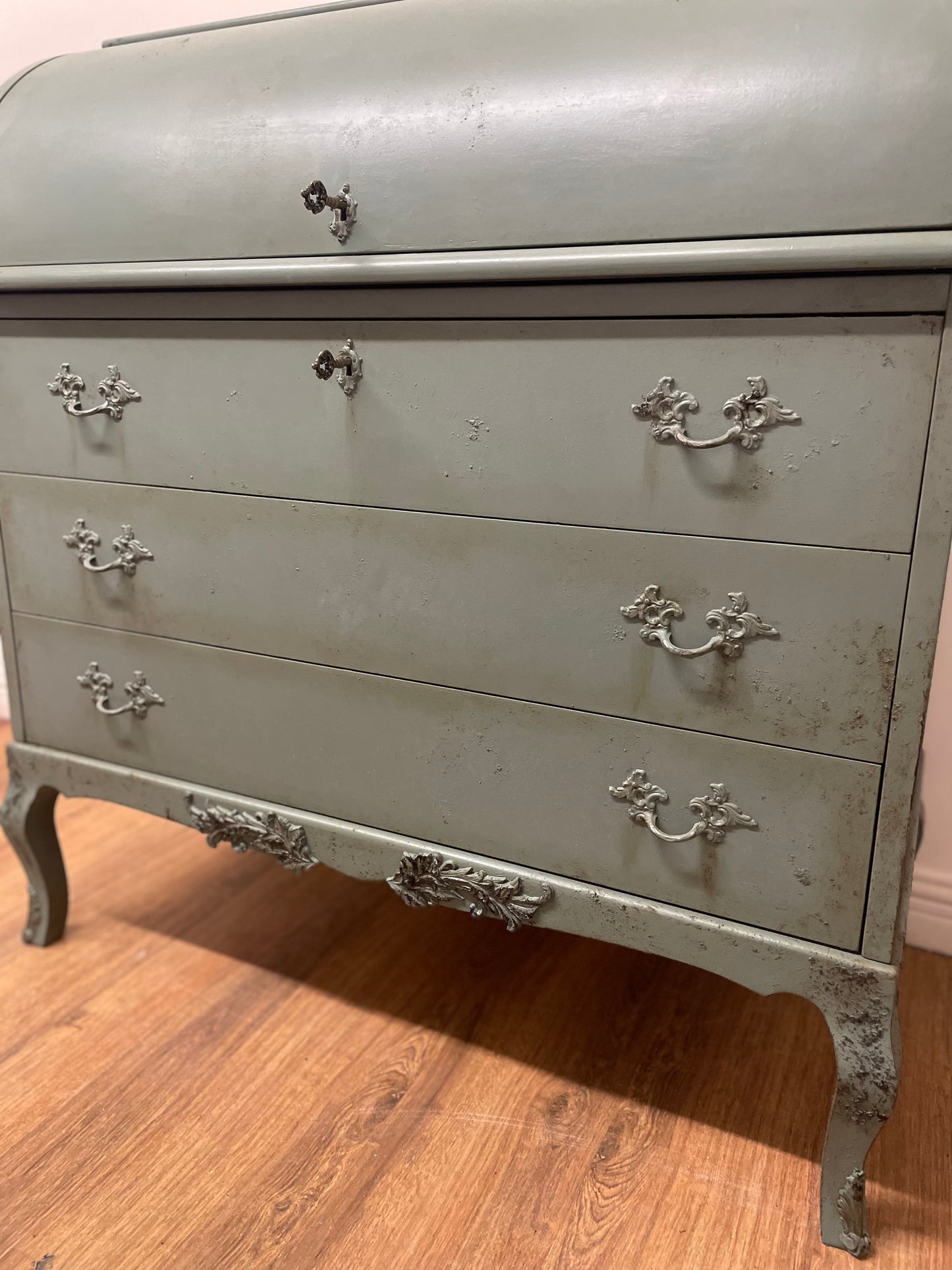Vintage Antique Roll top sage Green teal Bureau
