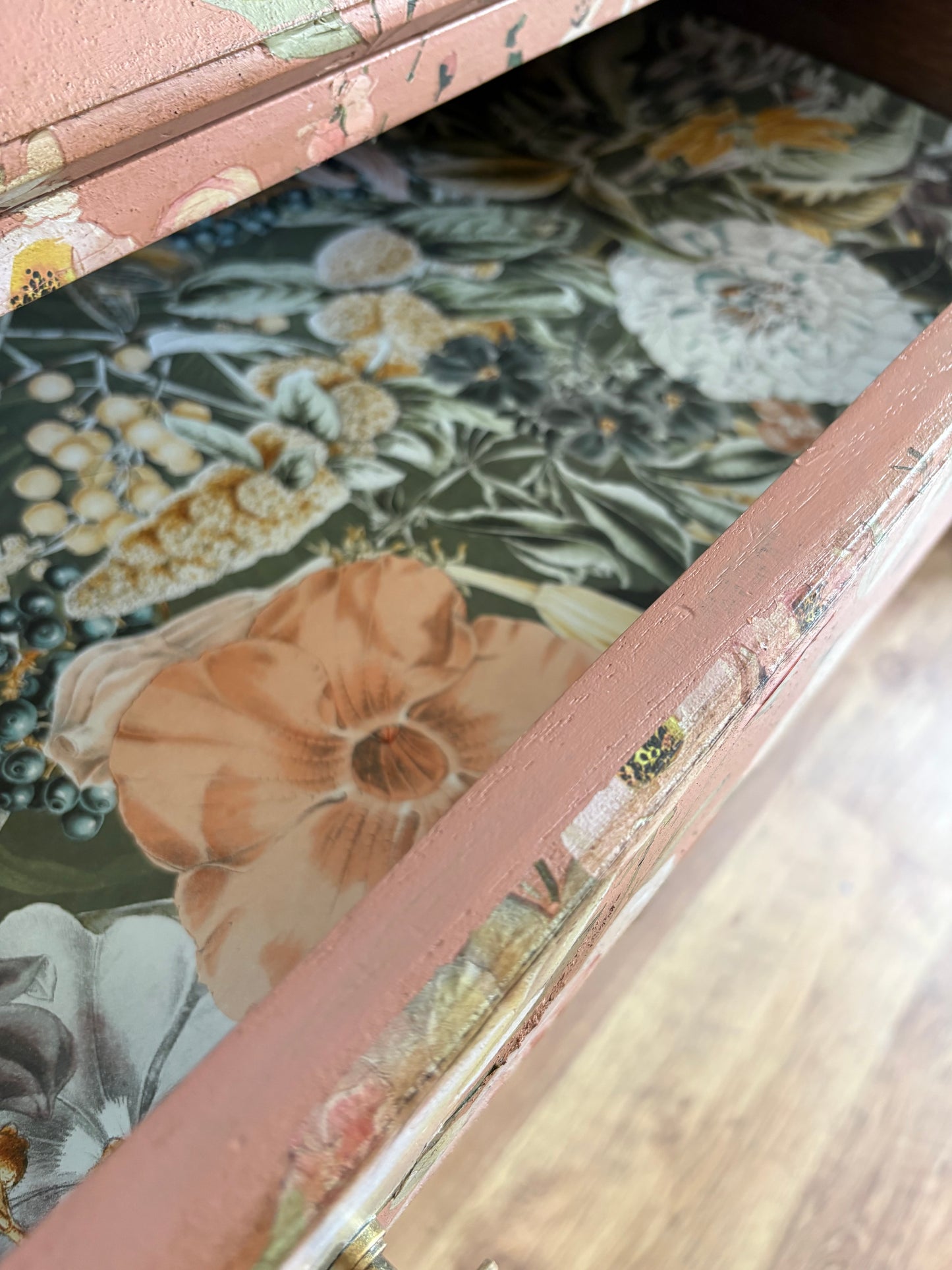 Peach Clay Floral Upcycled Green Bureau Desk Dressing Table