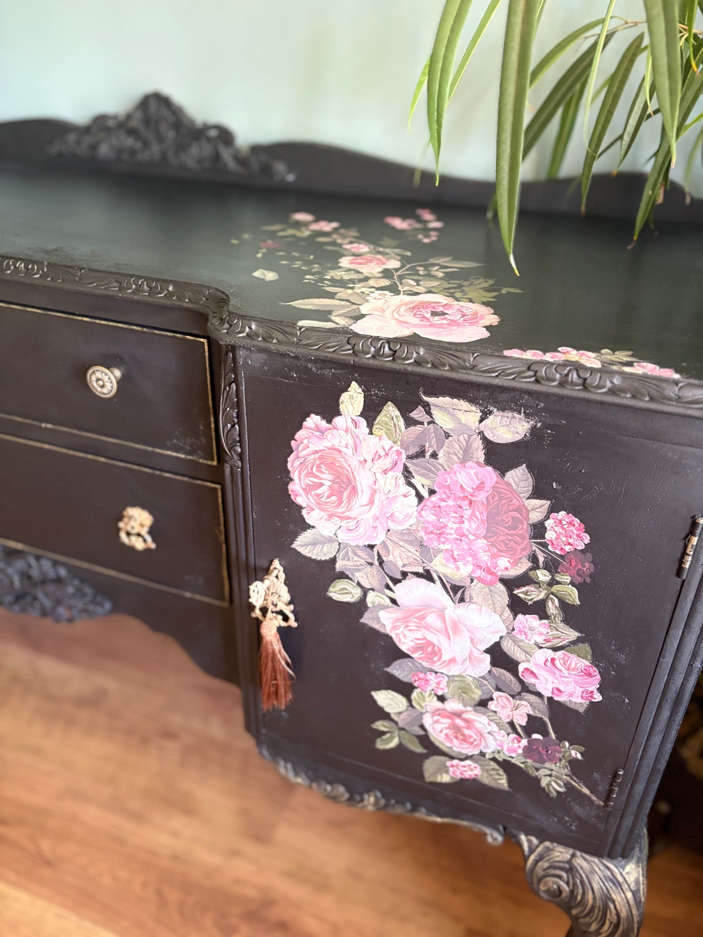 Vintage Refurbished Black Floral Rose Upcycled Sidboard lockable storage furniture