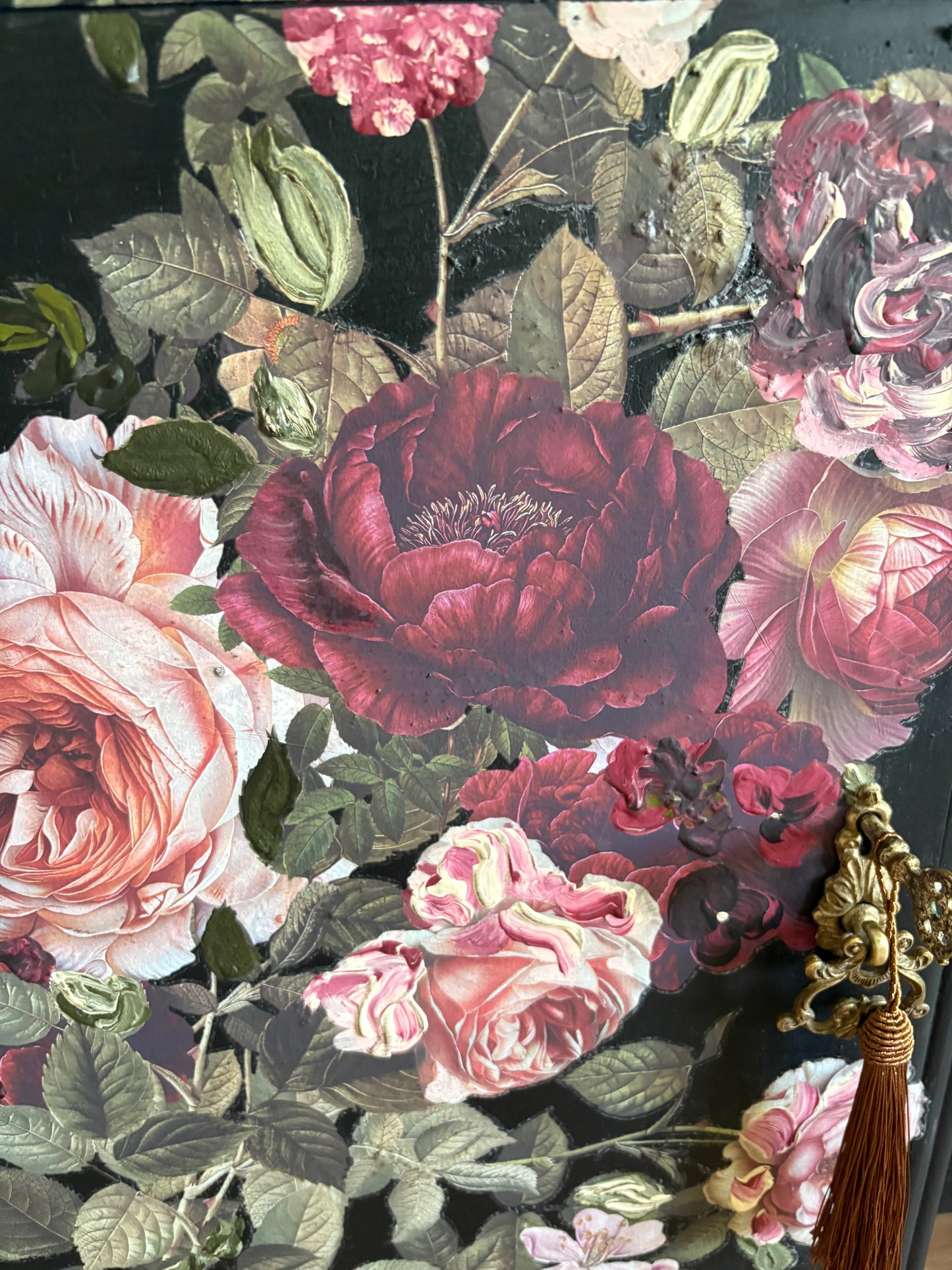Vintage Refurbished Black Floral Rose Upcycled Sidboard lockable storage furniture
