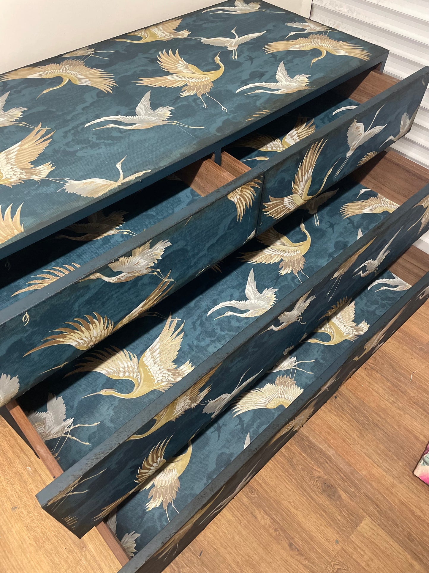 Navy Textured Crane Bird Gold Chest of Drawers