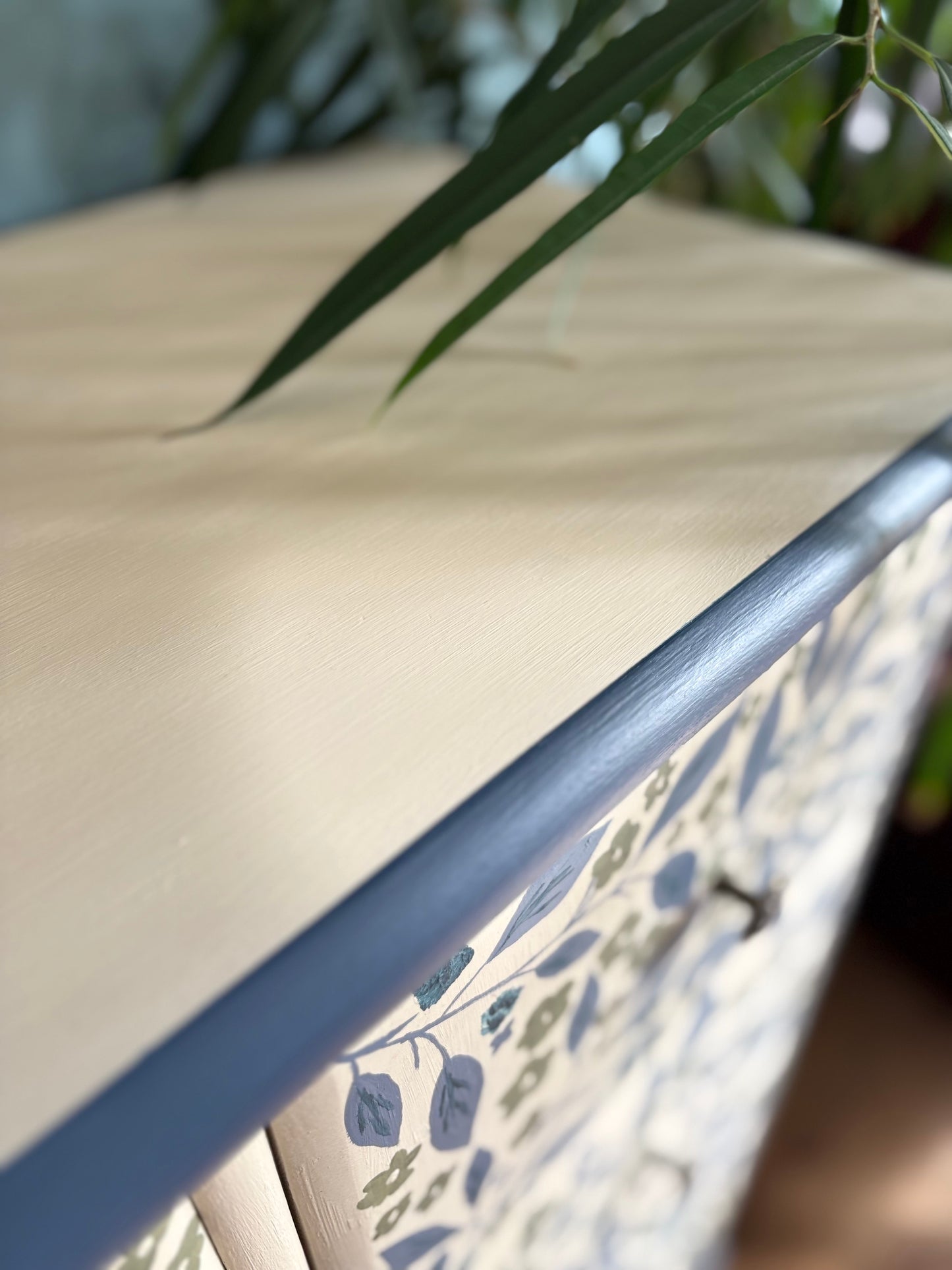Handpainted floral leaf cream green blue upcycled chest of drawers