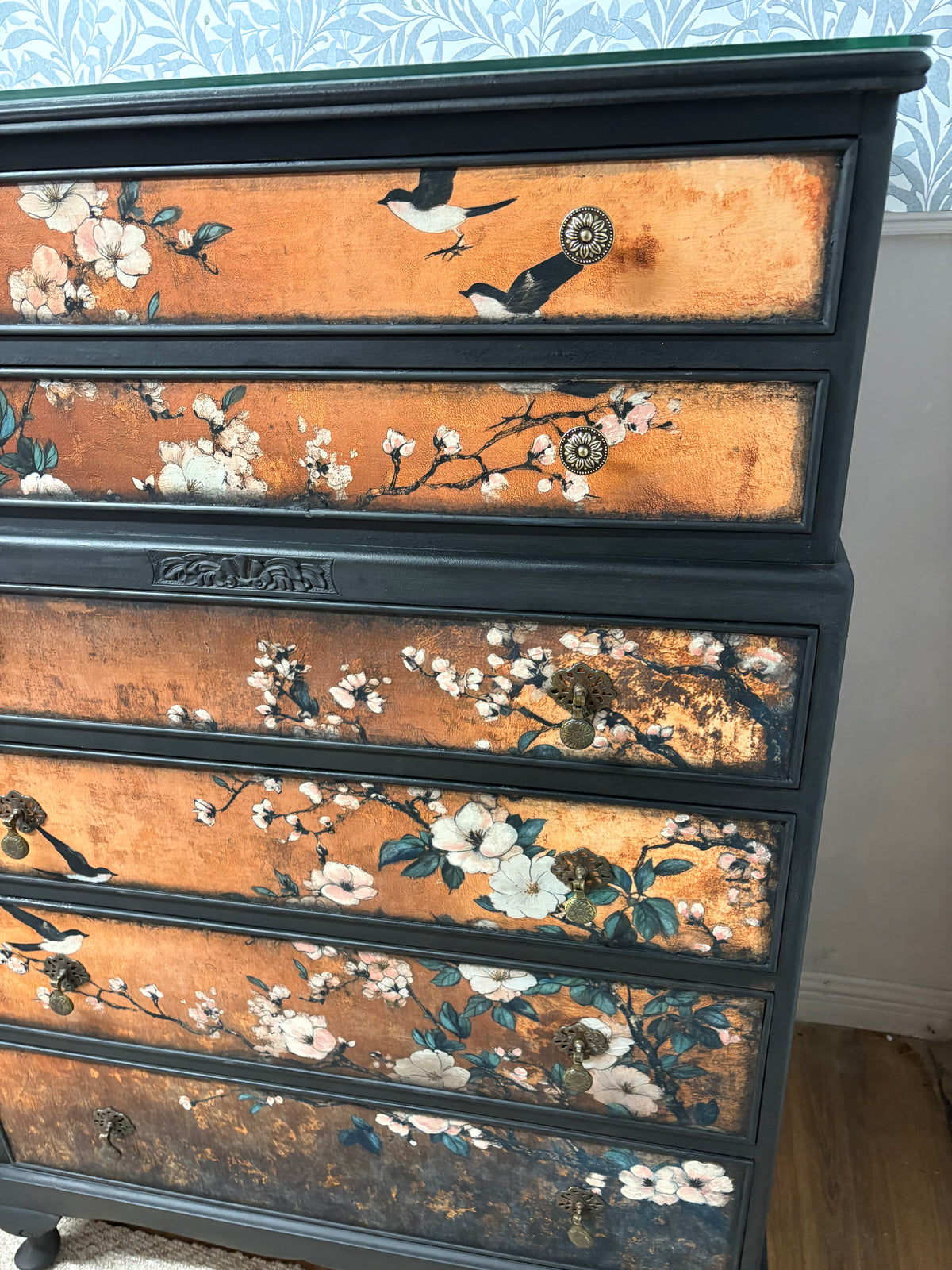 Copper Black Upcycled Oriental Bird Blossom Floral Chest of Drawers inc courier in price
