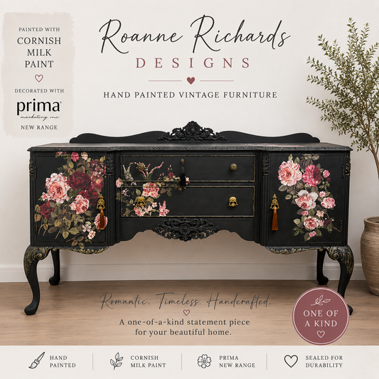 Vintage Refurbished Black Floral Rose Upcycled Sidboard lockable storage furniture