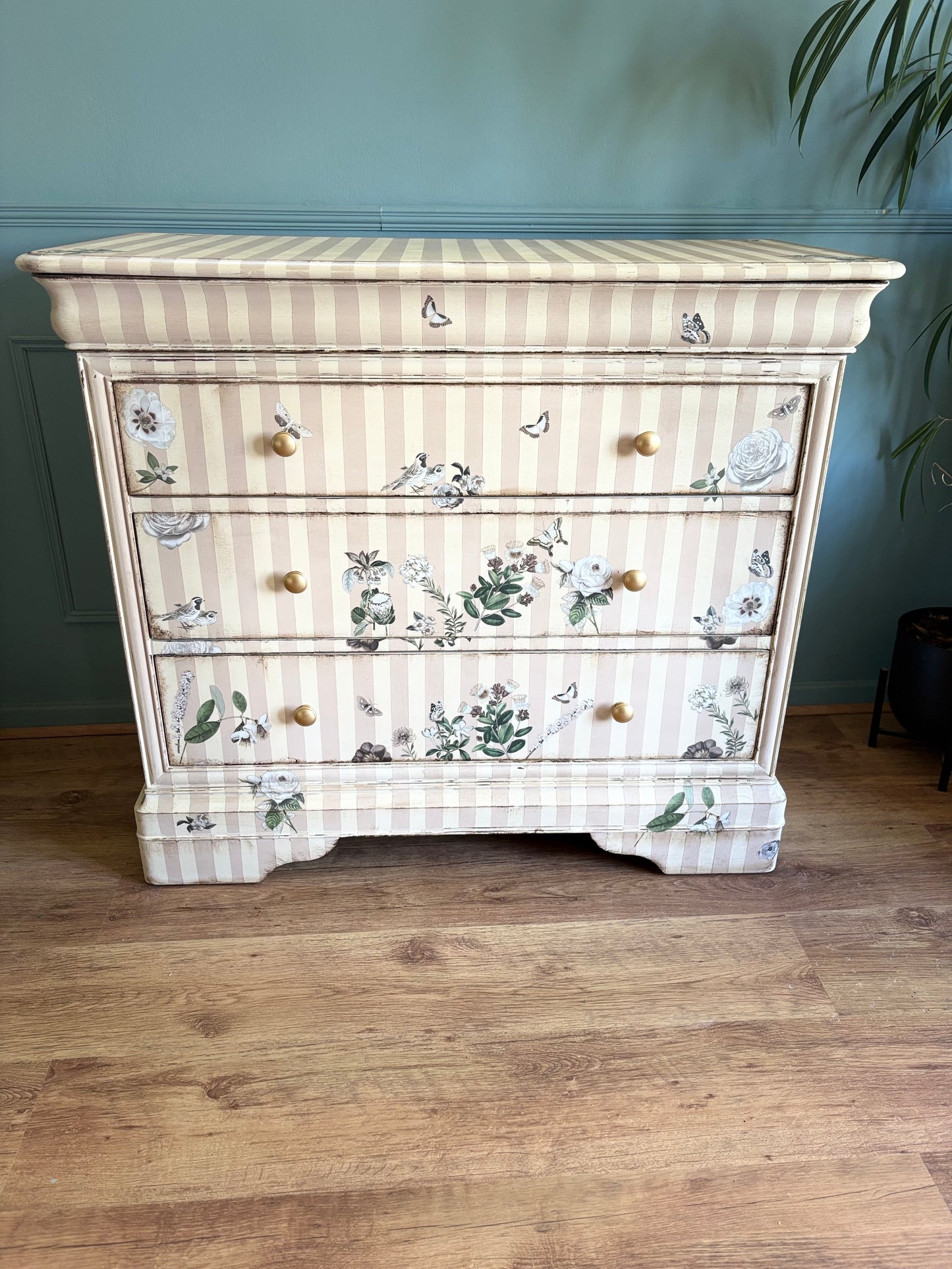 Beige & Cream Chest of Drawers Floral Handpainted upcycled refurbished Willis & Gambier