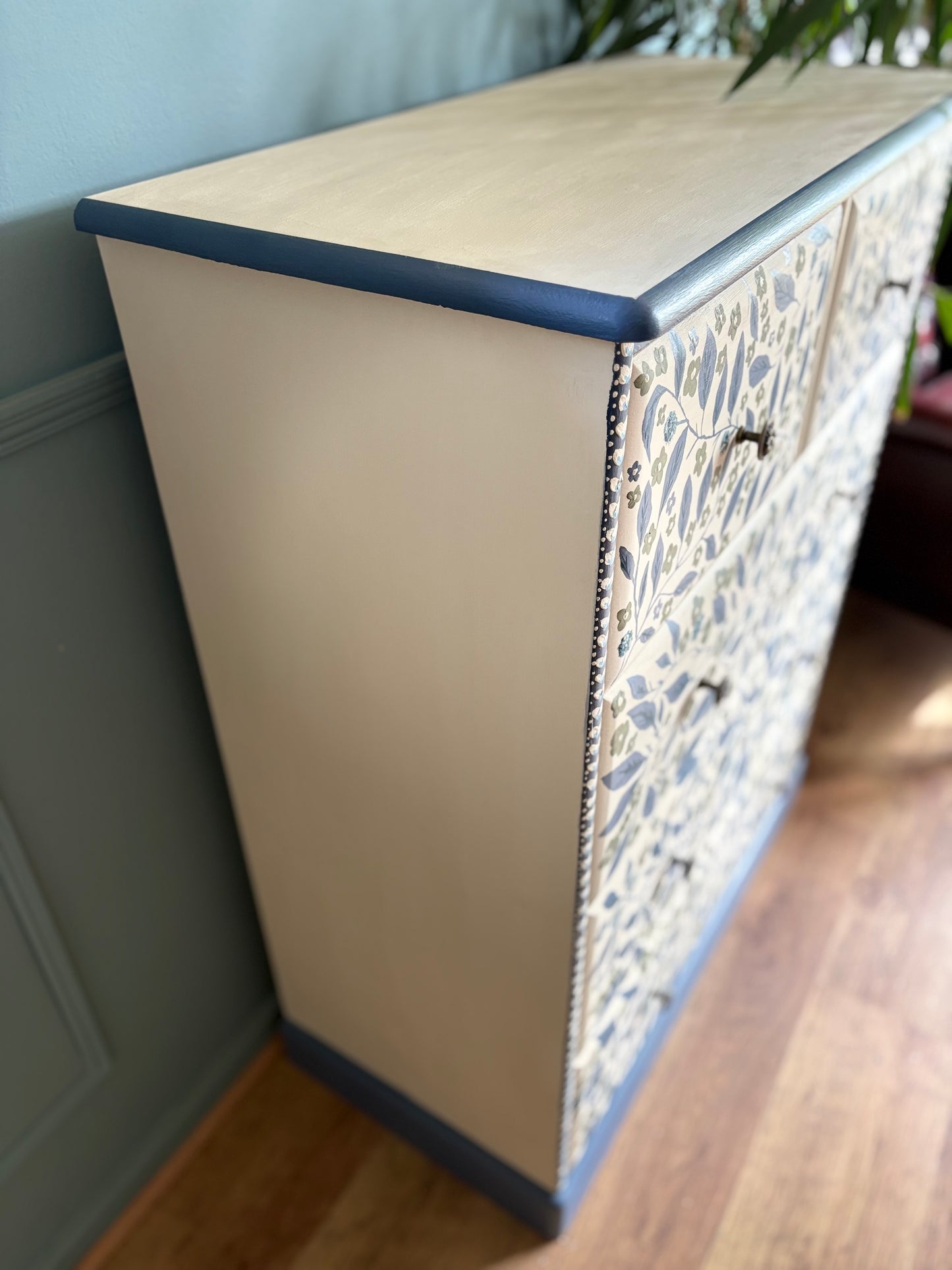 Handpainted floral leaf cream green blue upcycled chest of drawers