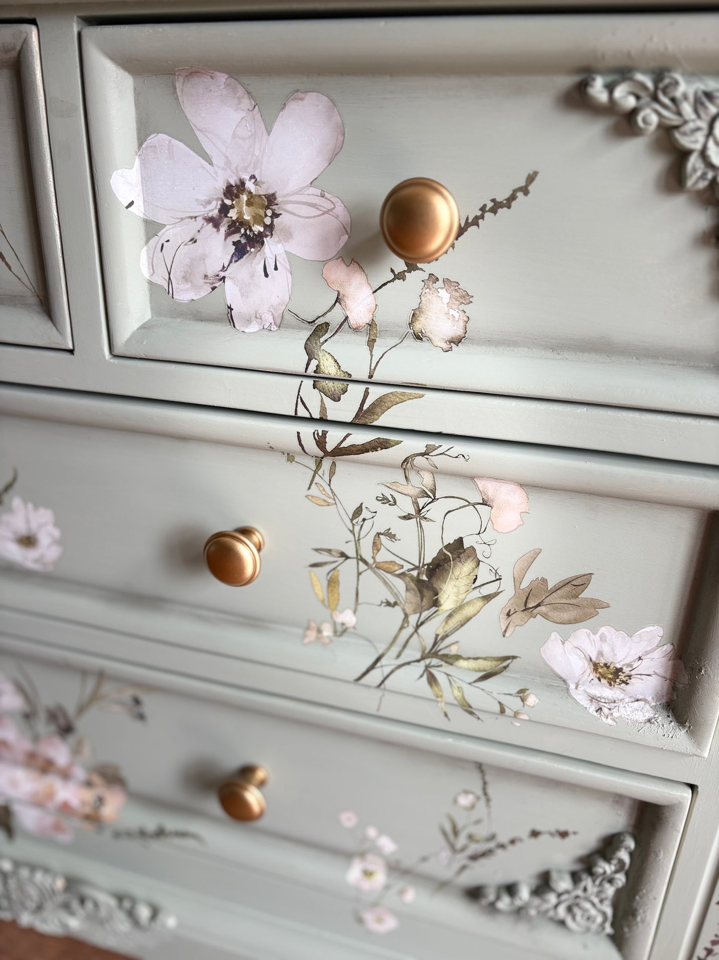 Chest of Drawers 7 large Sage Pale Green Floral Upcycled refurbished