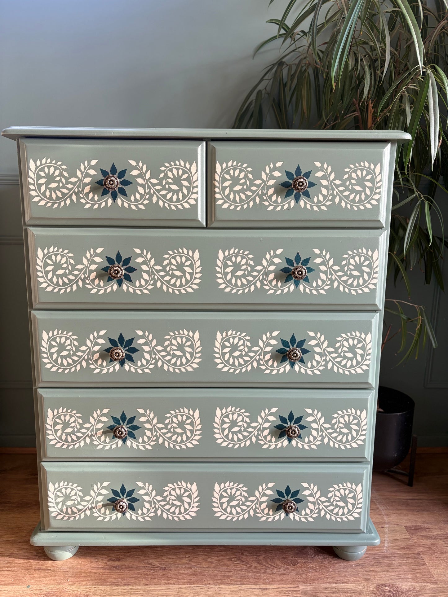 Handpainted Sage Green Stencil Chest of Drawers Upcycled