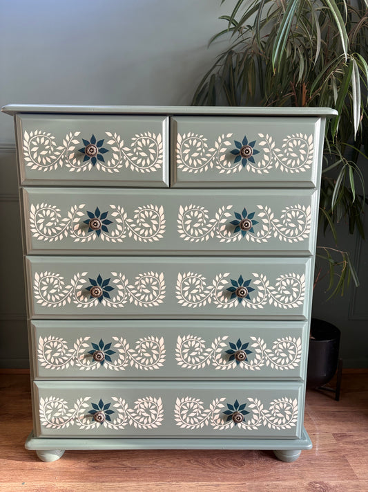 Handpainted Sage Green Stencil Chest of Drawers Upcycled