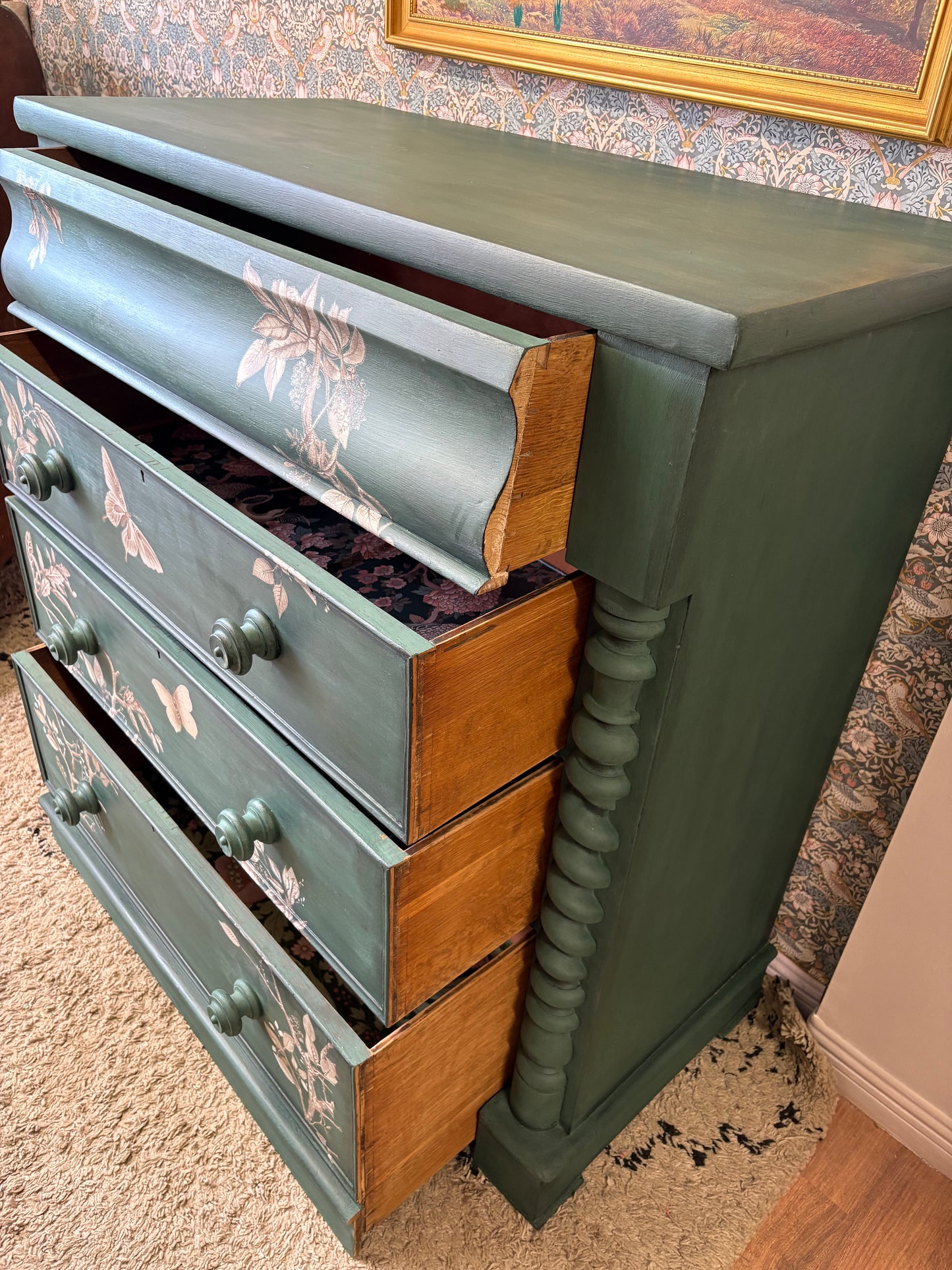 Antique Large Solid Wood Dark Green Floral Beige Chest of Drawers