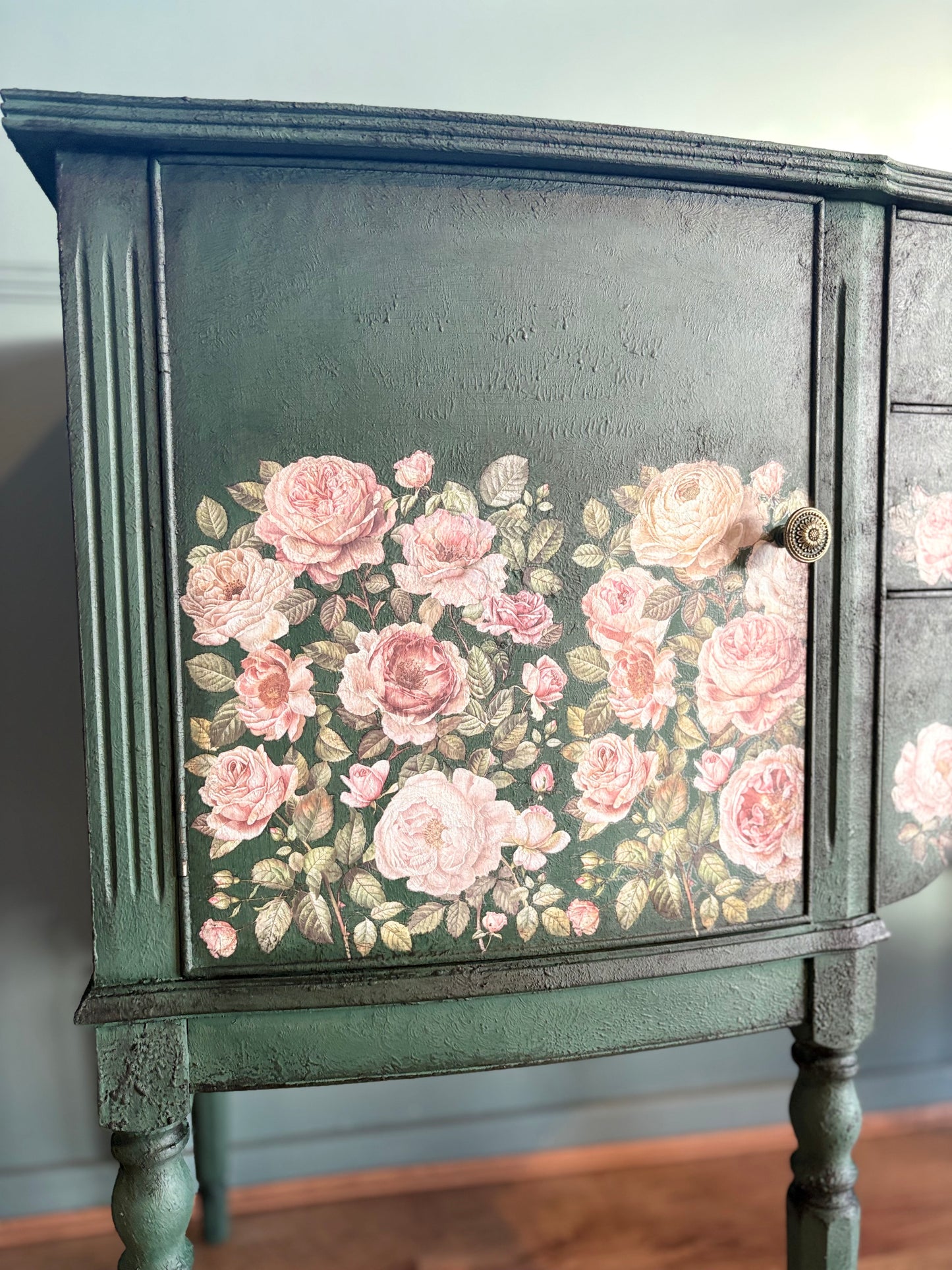 Dark Green Chalk Handpainted Floral Vintage Antique Sideboard upcycled refurbished - delivery included