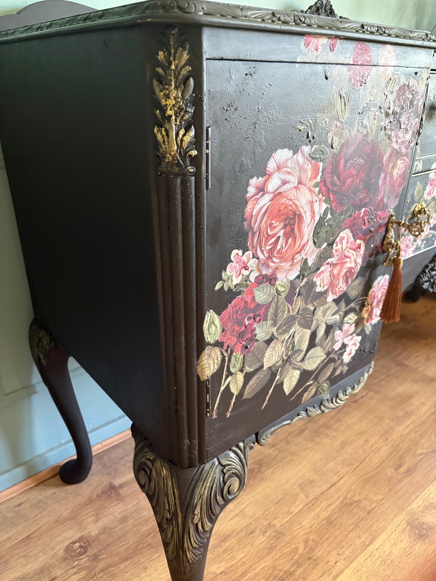 Vintage Refurbished Black Floral Rose Upcycled Sidboard lockable storage furniture