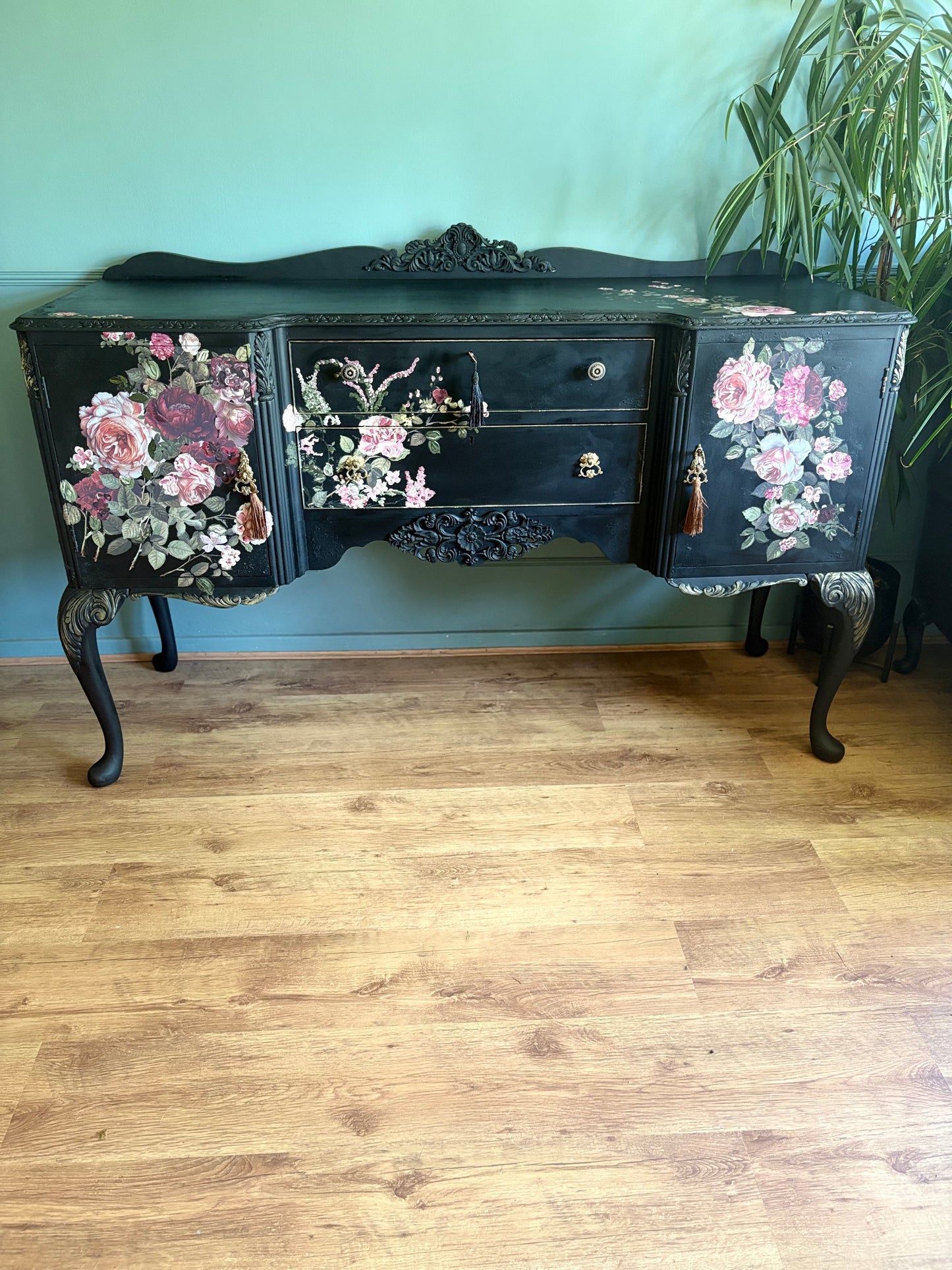 Vintage Refurbished Black Floral Rose Upcycled Sidboard lockable storage furniture