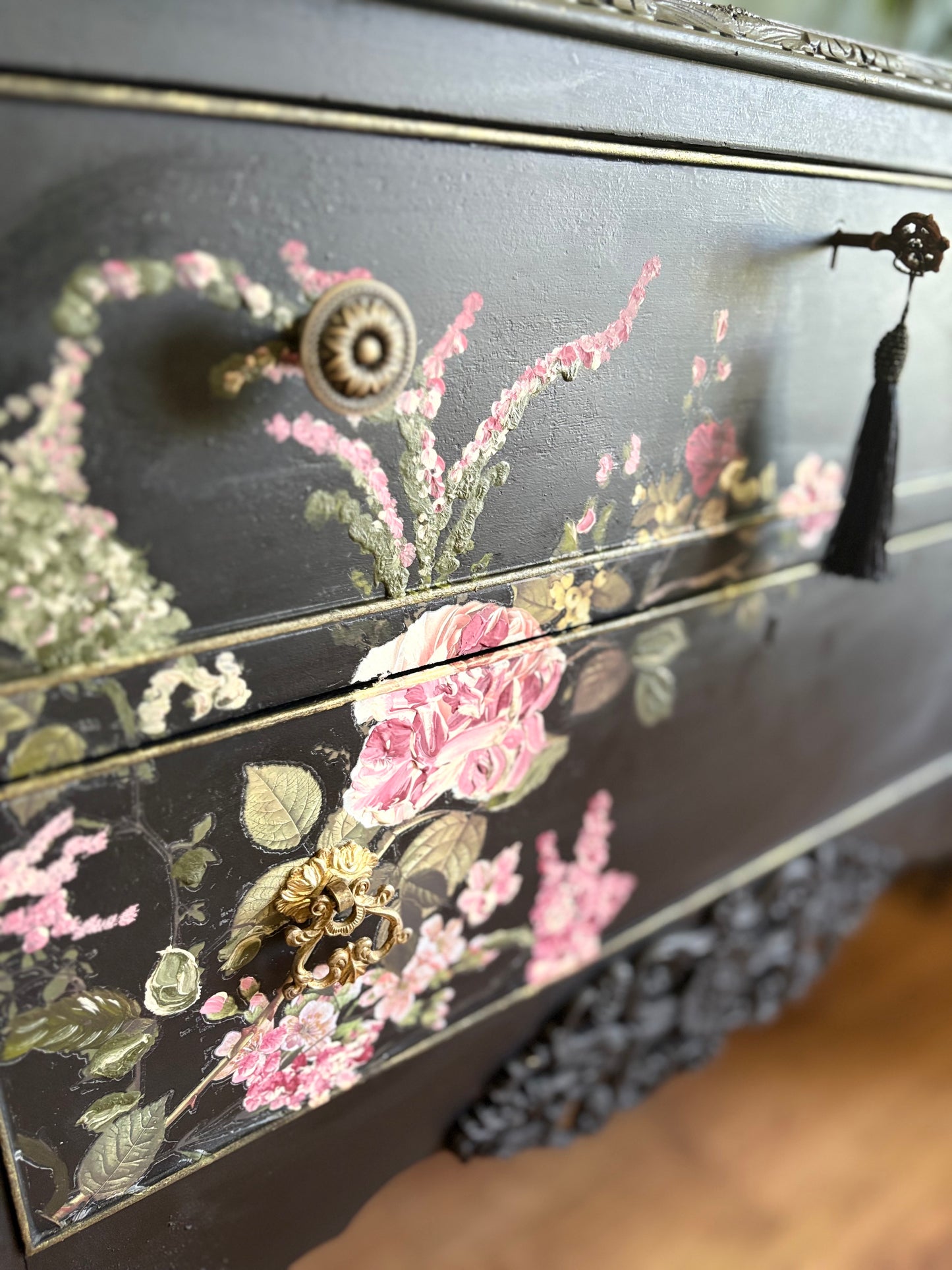 Vintage Refurbished Black Floral Rose Upcycled Sidboard lockable storage furniture