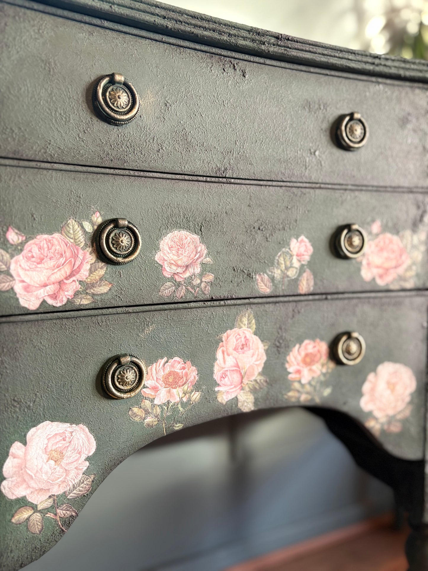 Dark Green Chalk Handpainted Floral Vintage Antique Sideboard upcycled refurbished - delivery included