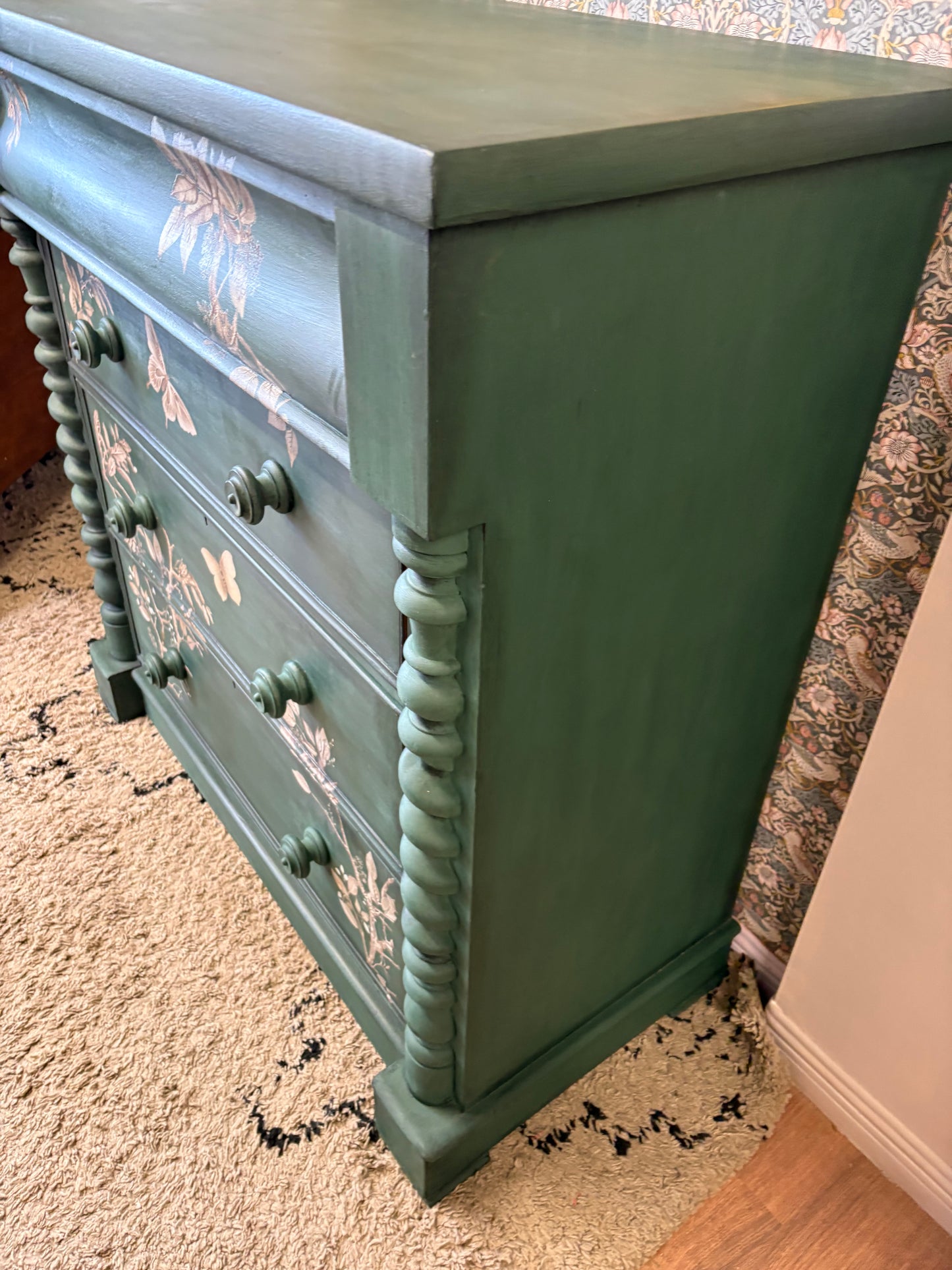 Antique Large Solid Wood Dark Green Floral Beige Chest of Drawers
