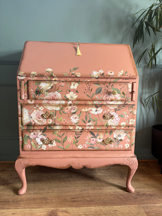 Peach Clay Floral Upcycled Green Bureau Desk Dressing Table