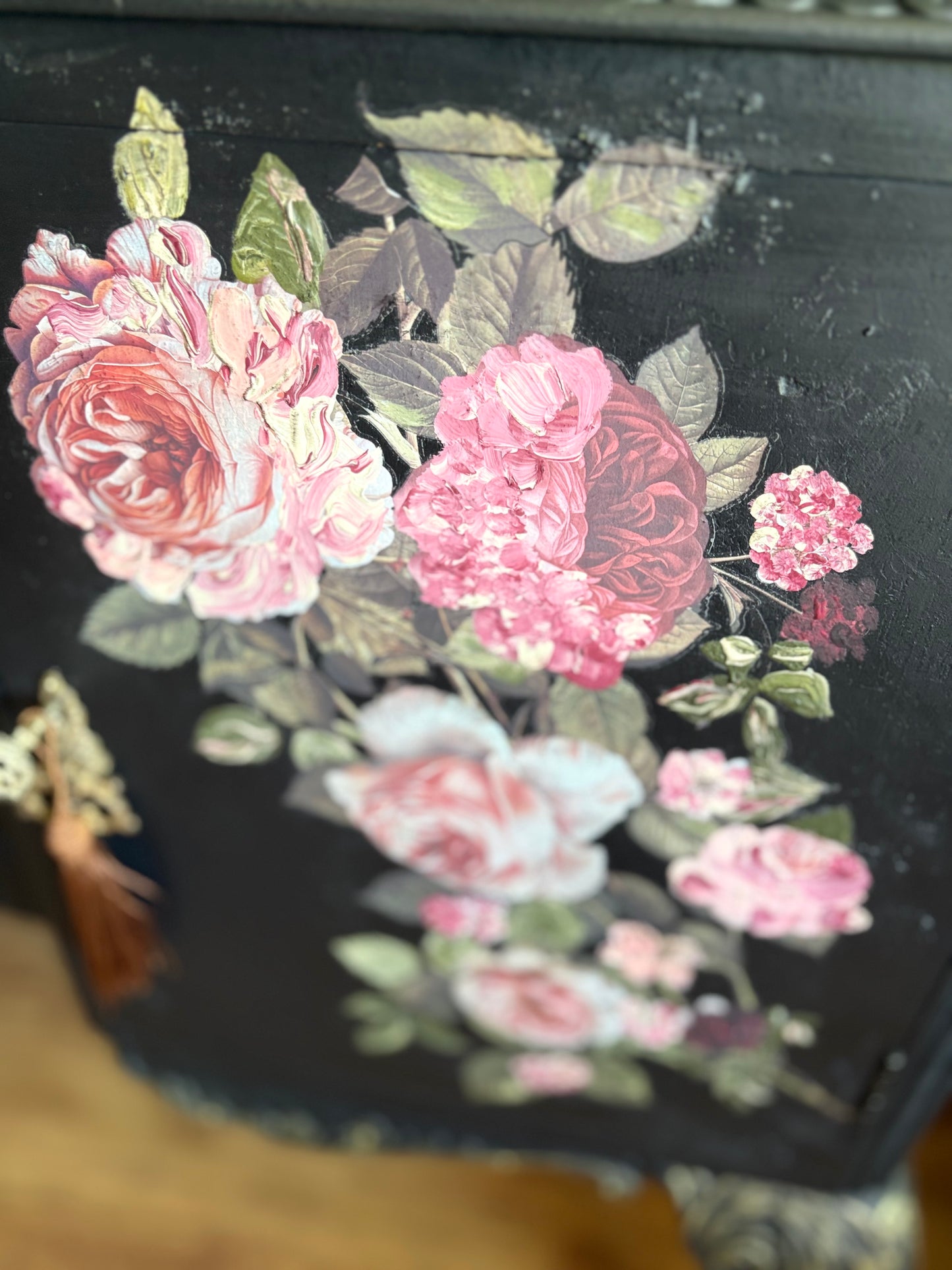 Vintage Refurbished Black Floral Rose Upcycled Sidboard lockable storage furniture