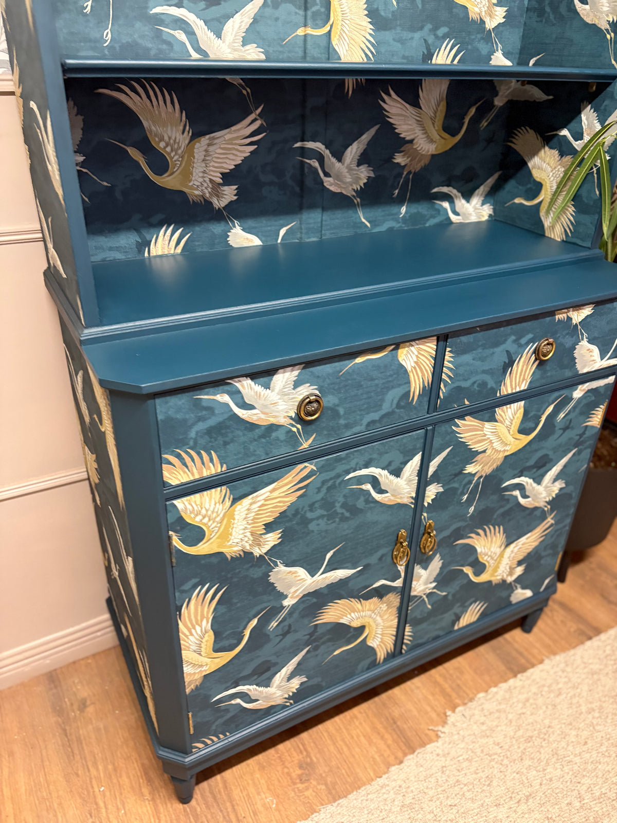Navy Bird Crane Gold Upcycled Cabinet Bookcase