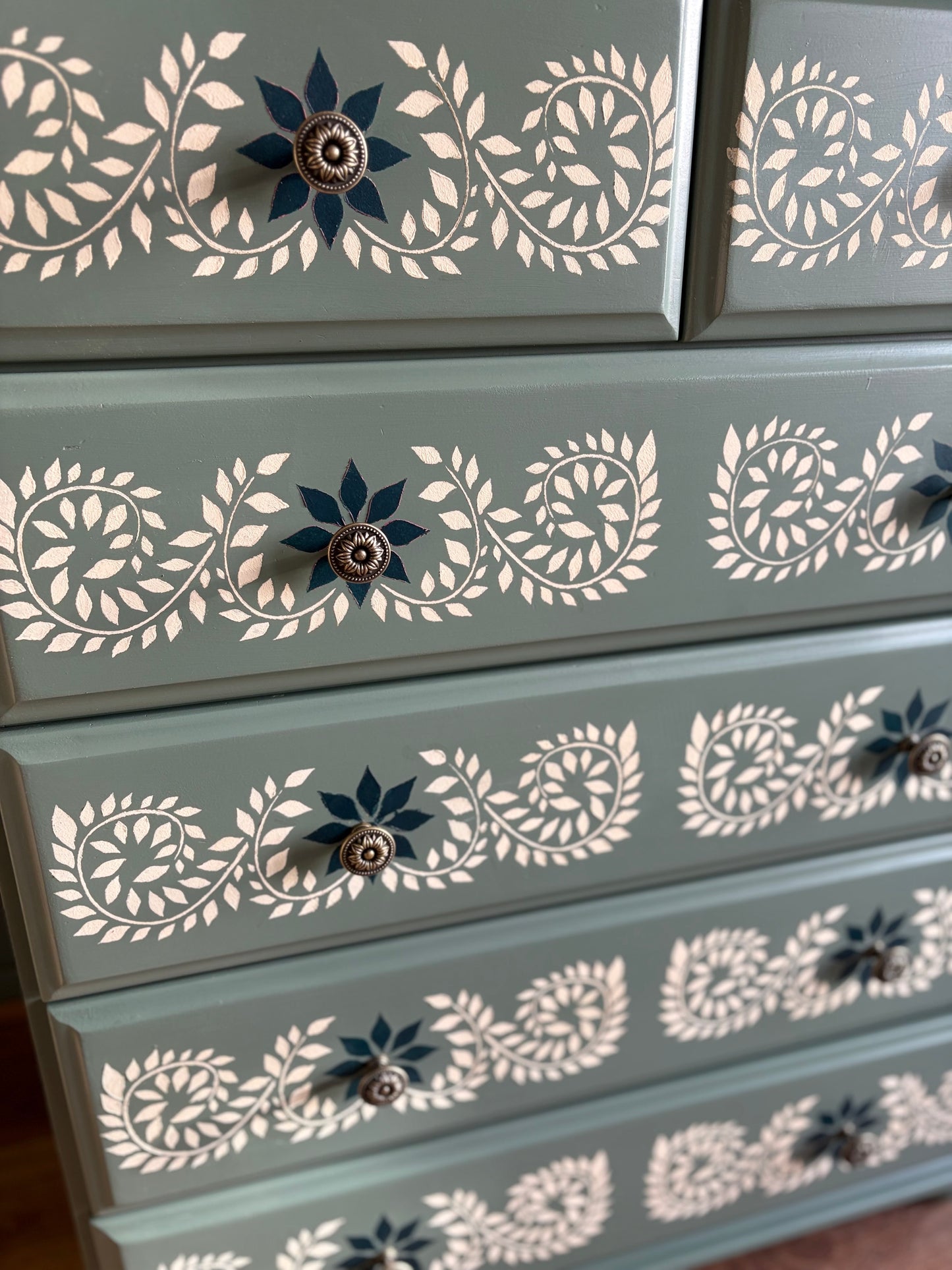 Handpainted Sage Green Stencil Chest of Drawers Upcycled