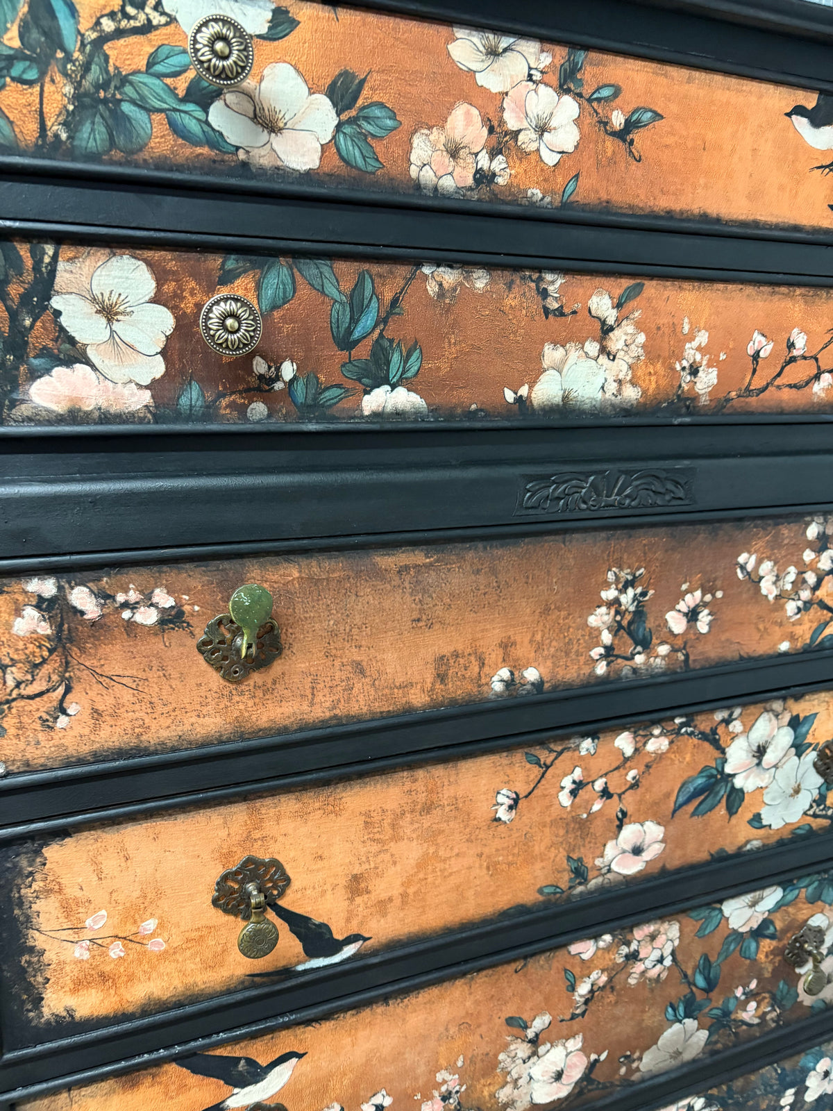 Copper Black Upcycled Oriental Bird Blossom Floral Chest of Drawers inc courier in price