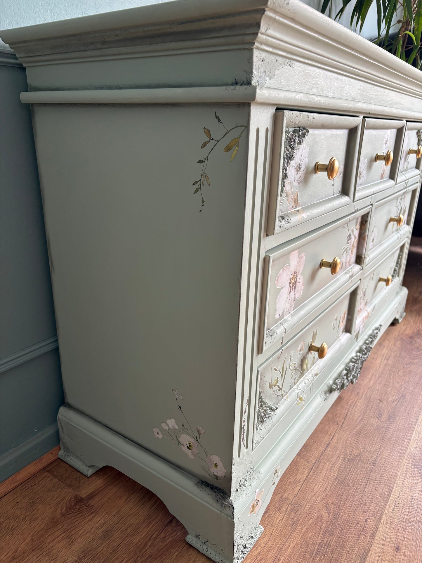 Chest of Drawers 7 large Sage Pale Green Floral Upcycled refurbished