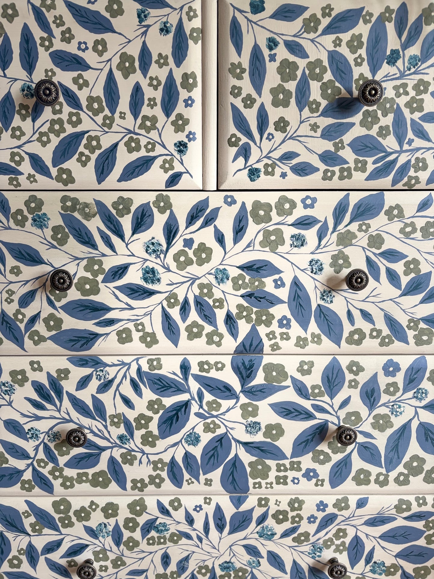 Handpainted floral leaf cream green blue upcycled chest of drawers