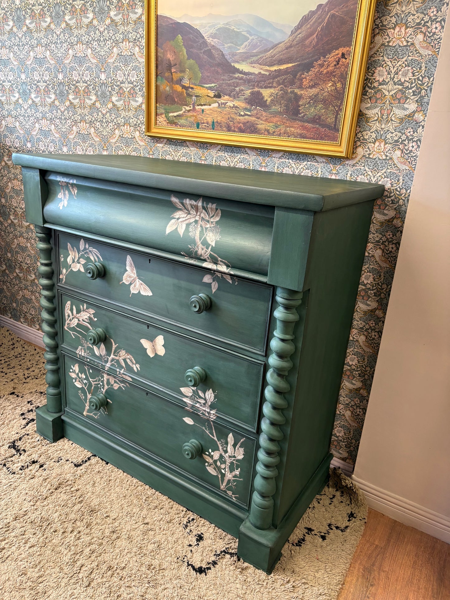 Antique Large Solid Wood Dark Green Floral Beige Chest of Drawers