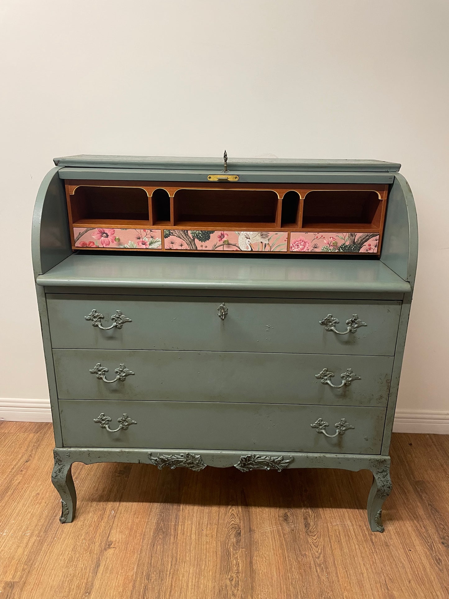Vintage Antique Roll top sage Green teal Bureau