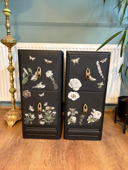 Upcycled Bedside cabinets art deco floral black vintage