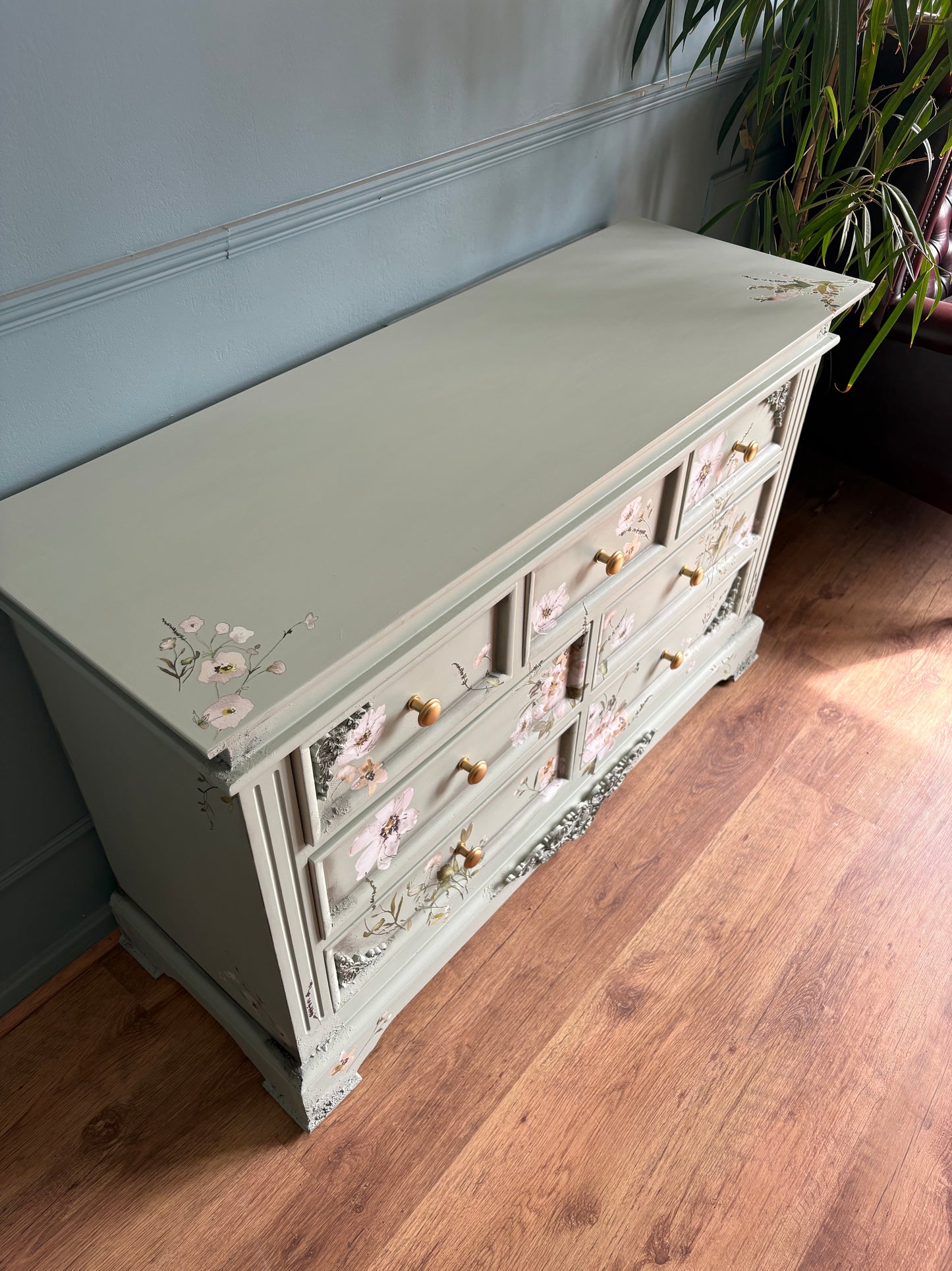 Chest of Drawers 7 large Sage Pale Green Floral Upcycled refurbished