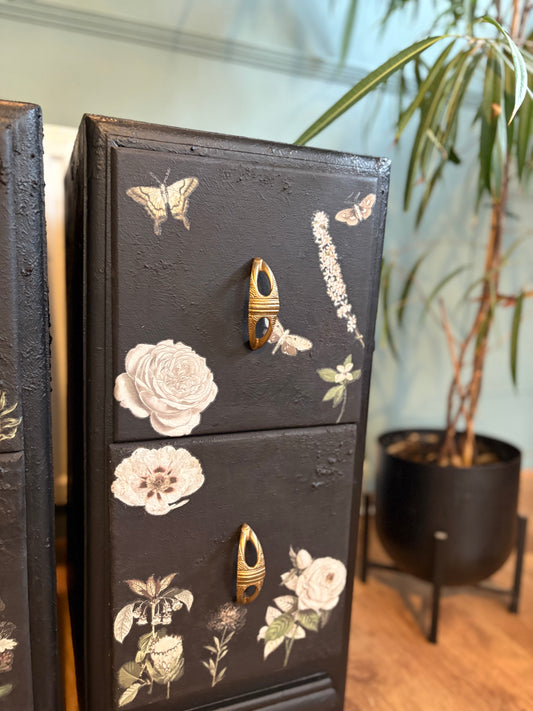 Upcycled Bedside cabinets art deco floral black vintage