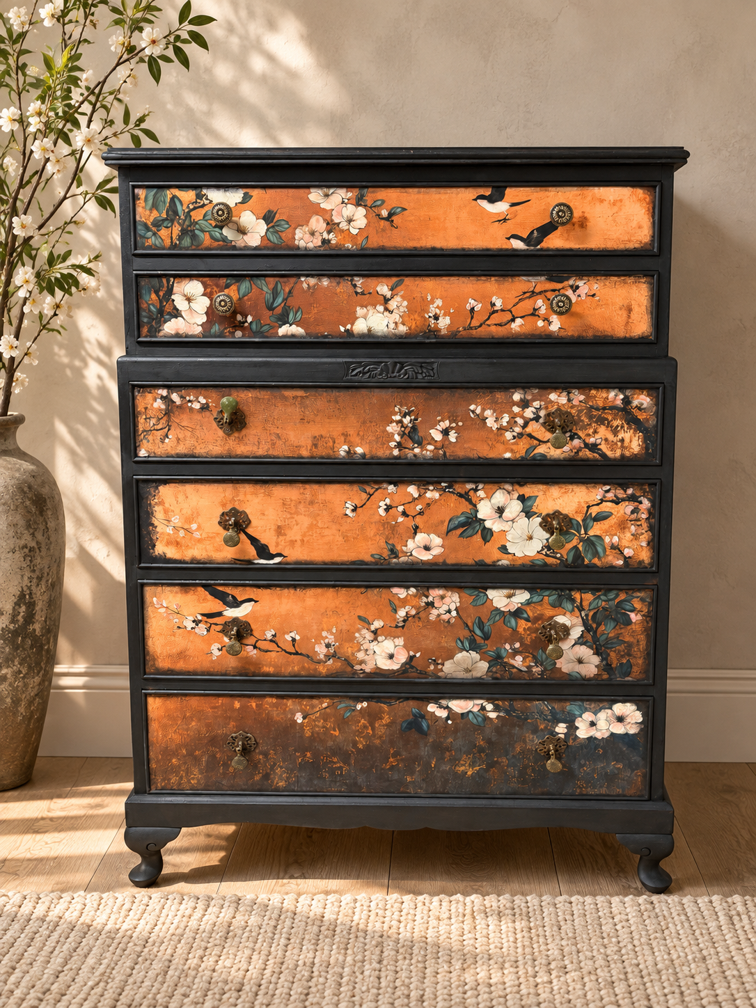 Copper Black Upcycled Oriental Bird Blossom Floral Chest of Drawers inc courier in price