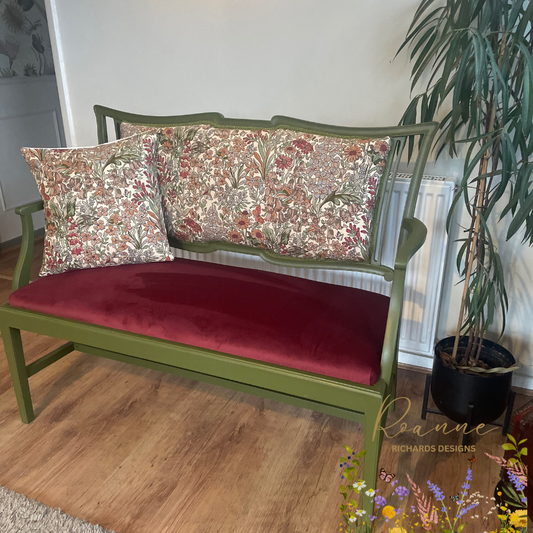 Antique Green Olive Moss Floral Liberty Refurbished Burgundy Seat Sofa Chair
