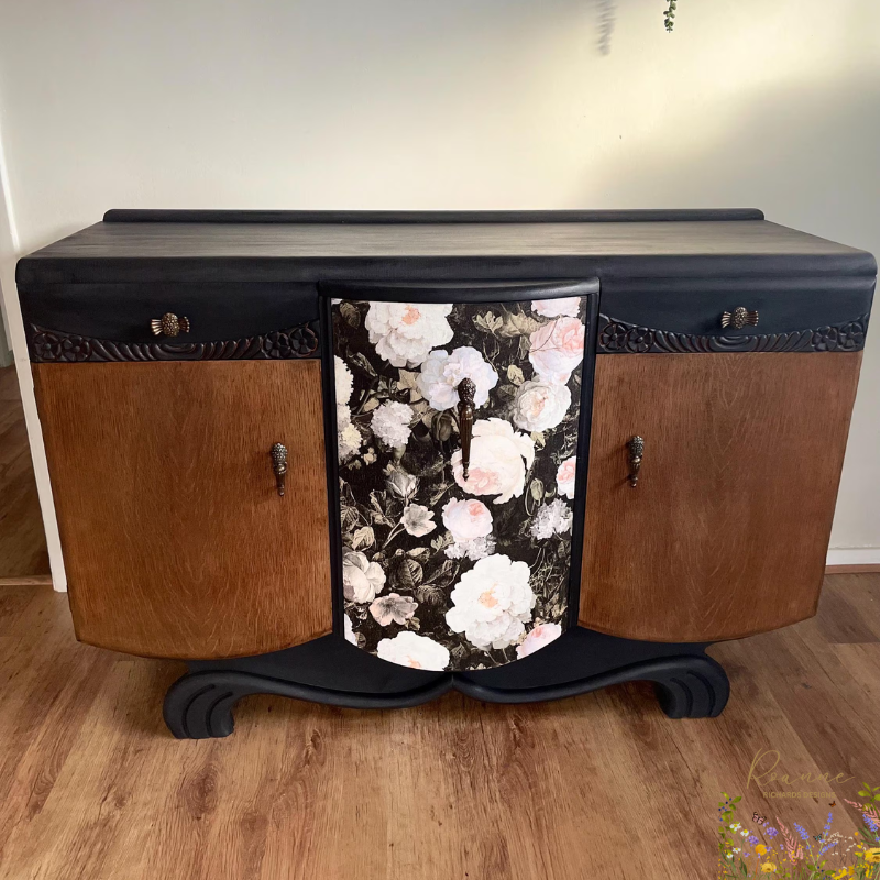 Art Deco Floral Vintage Black Refurbished Sideboard