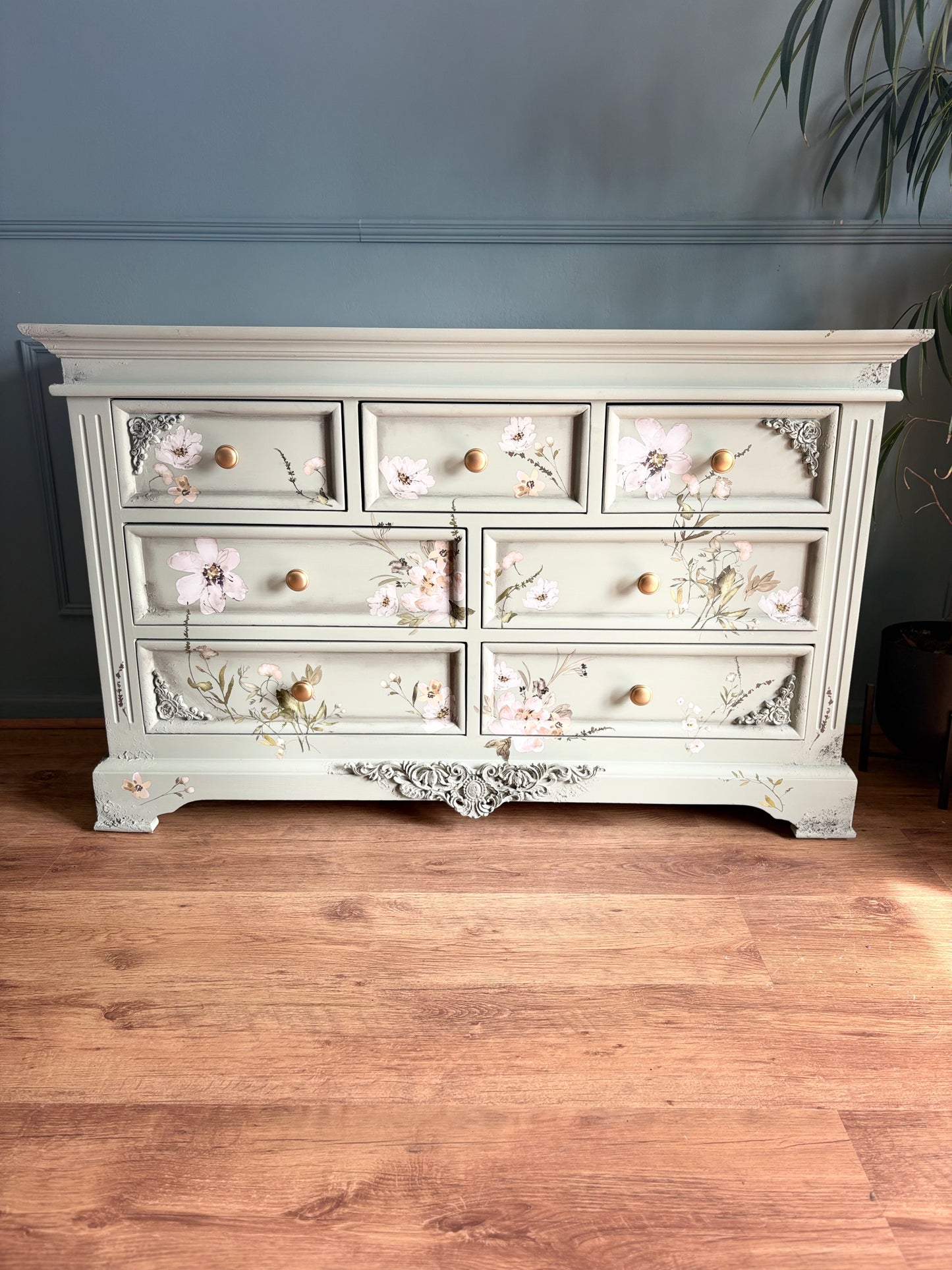 Chest of Drawers 7 large Sage Pale Green Floral Upcycled refurbished