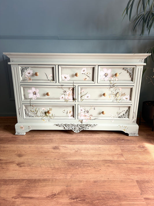 Chest of Drawers 7 large Sage Pale Green Floral Upcycled refurbished