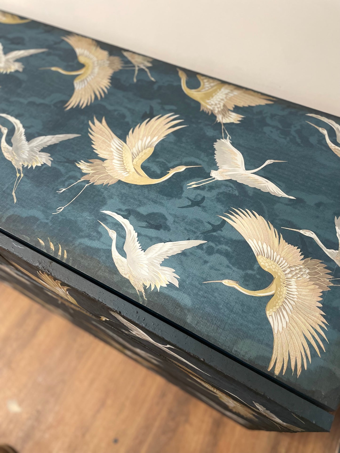Navy Textured Crane Bird Gold Chest of Drawers